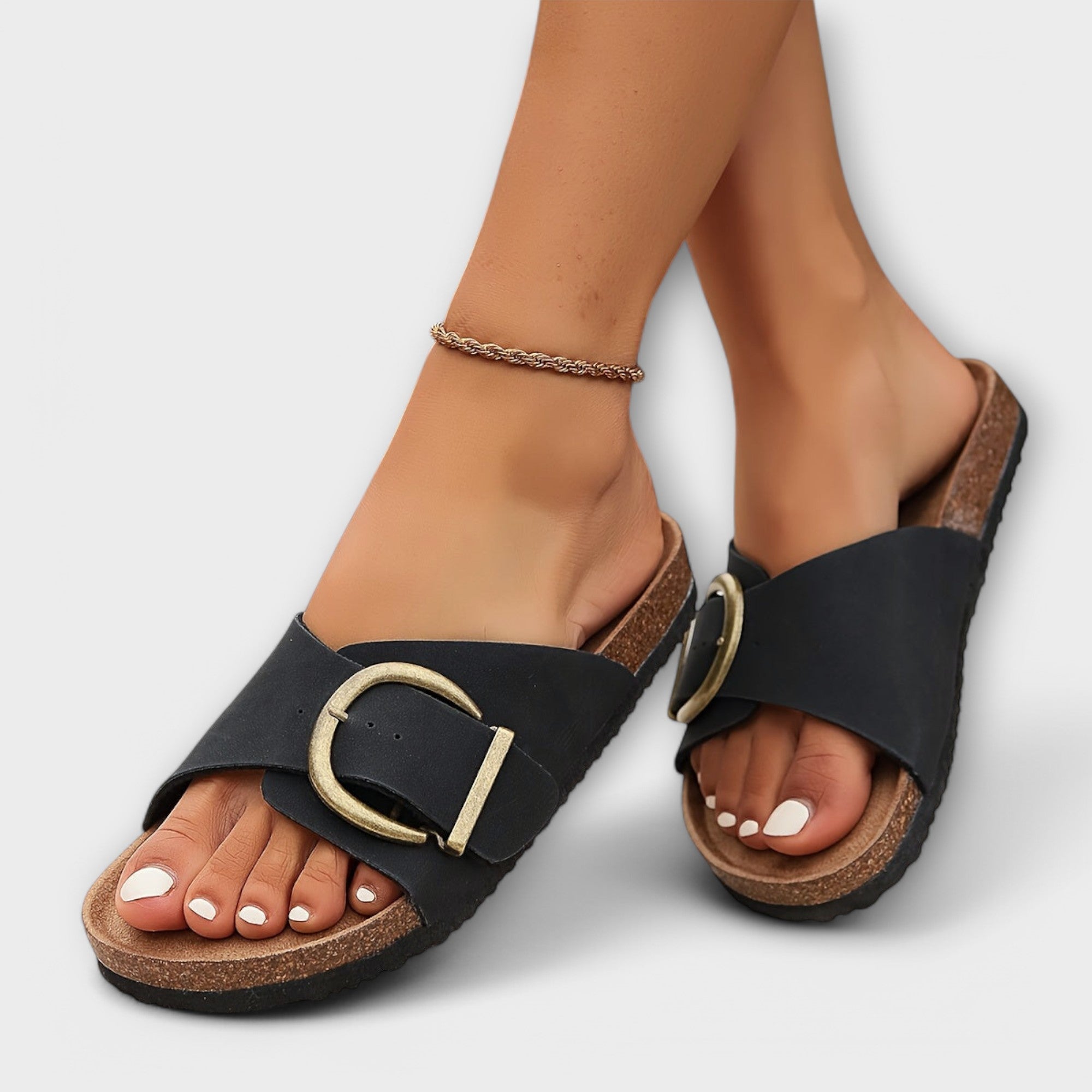 Aurora - Damen Kork Pantoletten mit Schnallenriemen Design