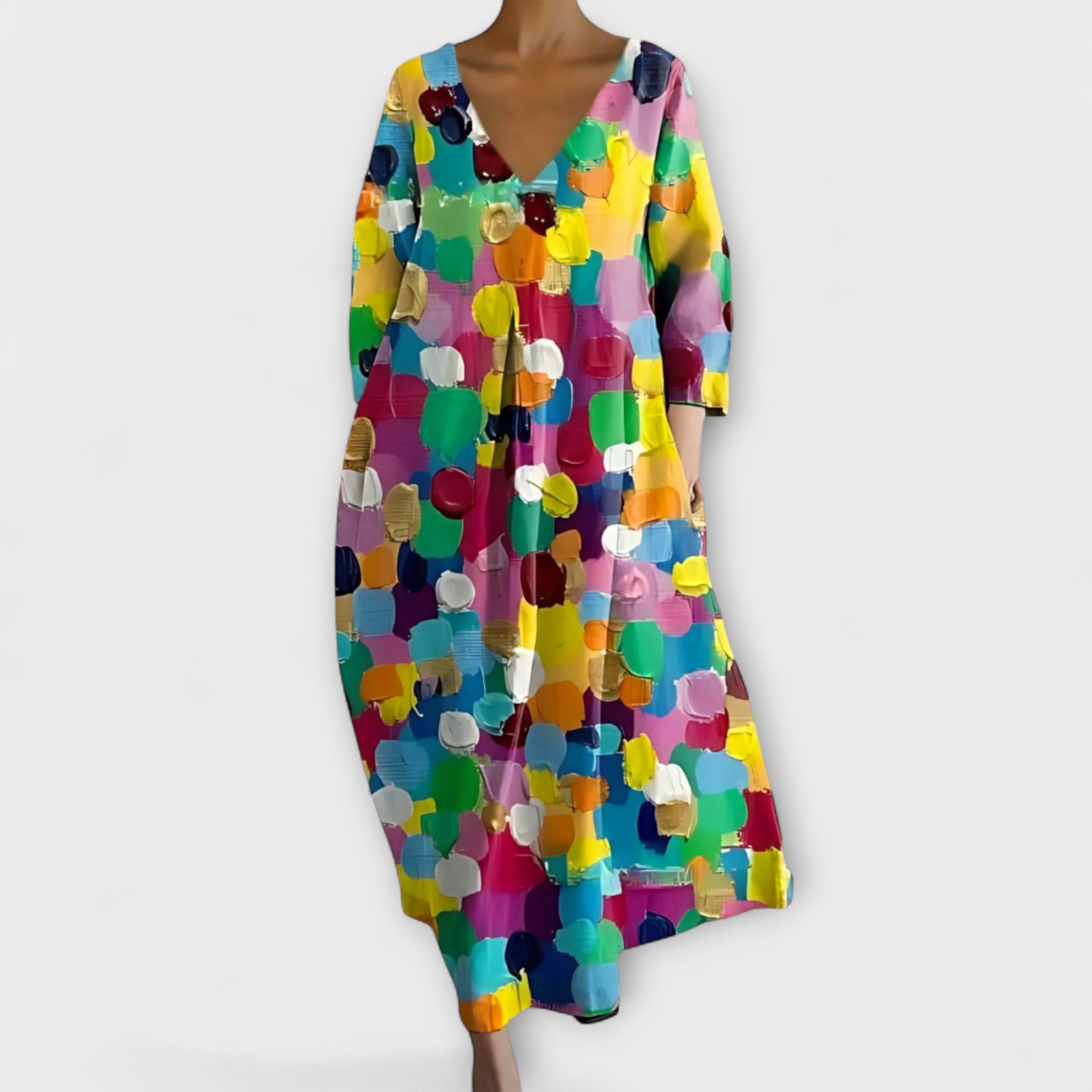 Aurora - Langes, farbenfrohes Kleid mit V-Ausschnitt