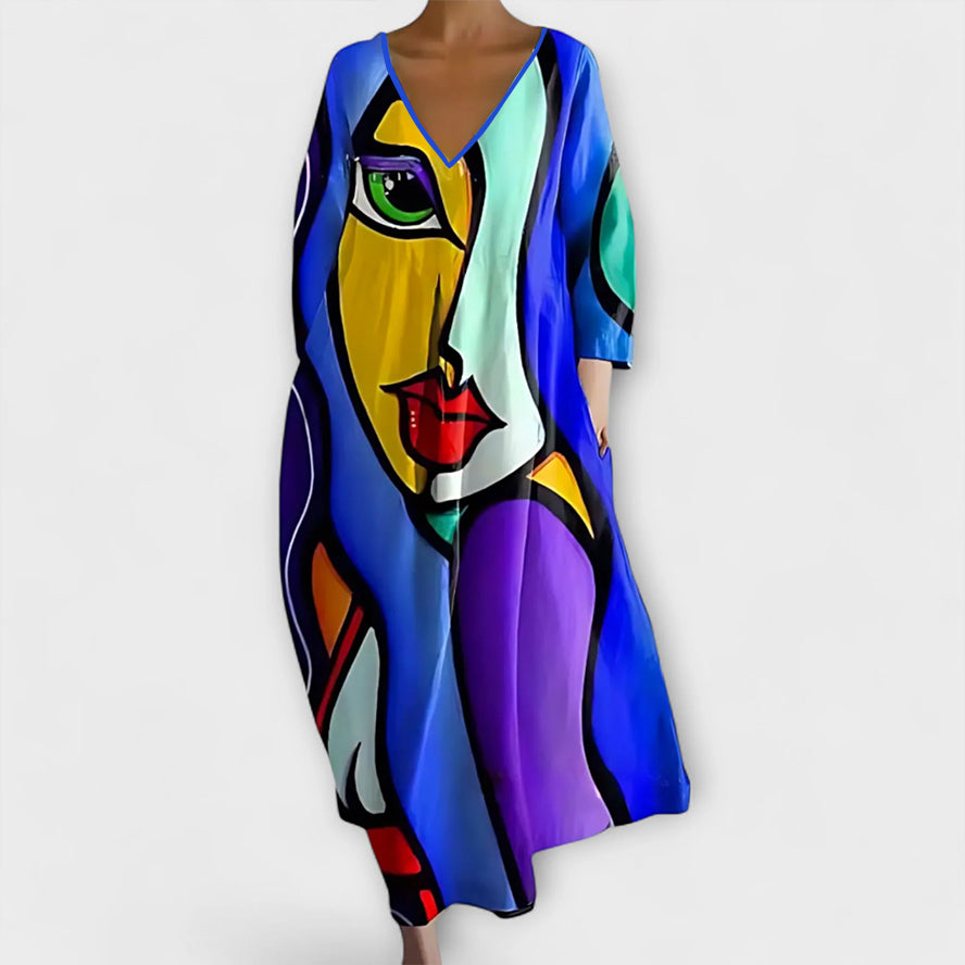 Aurora - Langes, farbenfrohes Kleid mit V-Ausschnitt