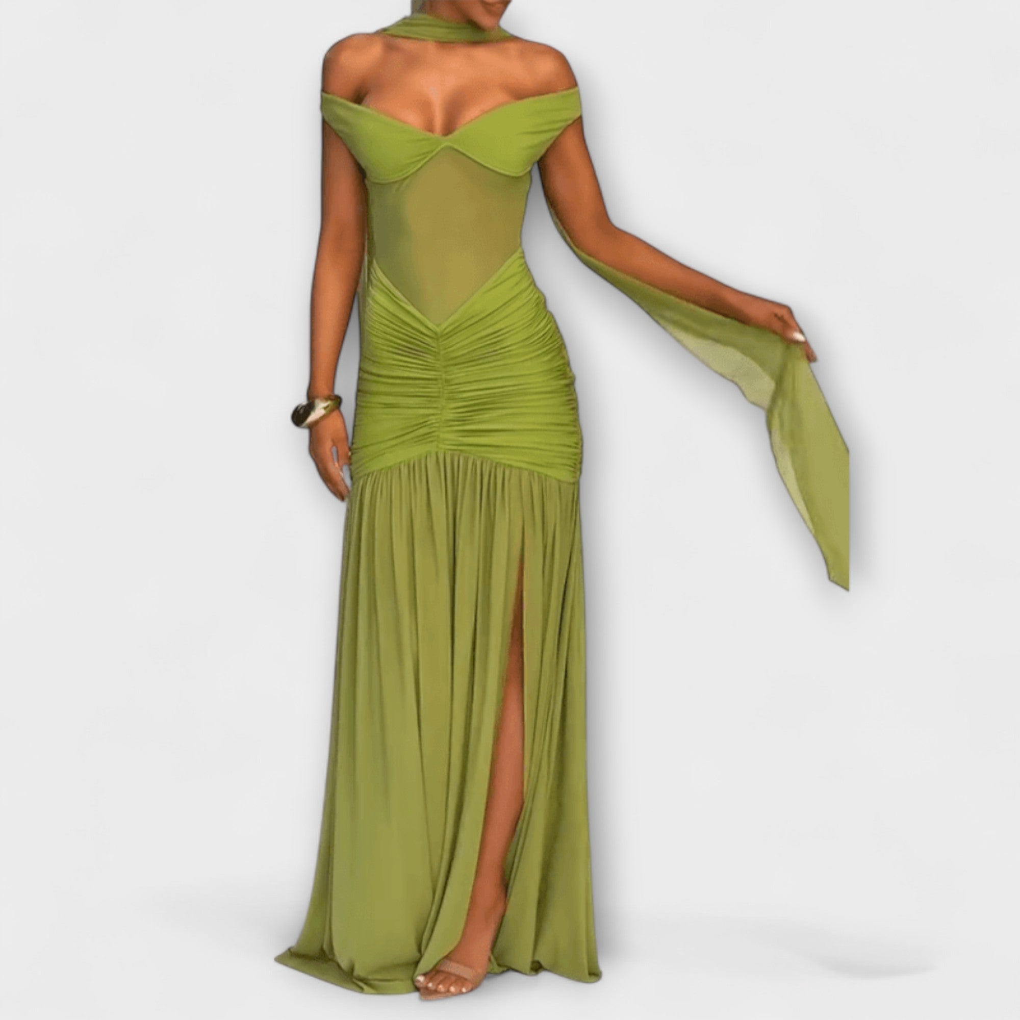 Nicoe - Olivfarbenes V-Ausschnitt Maxikleid