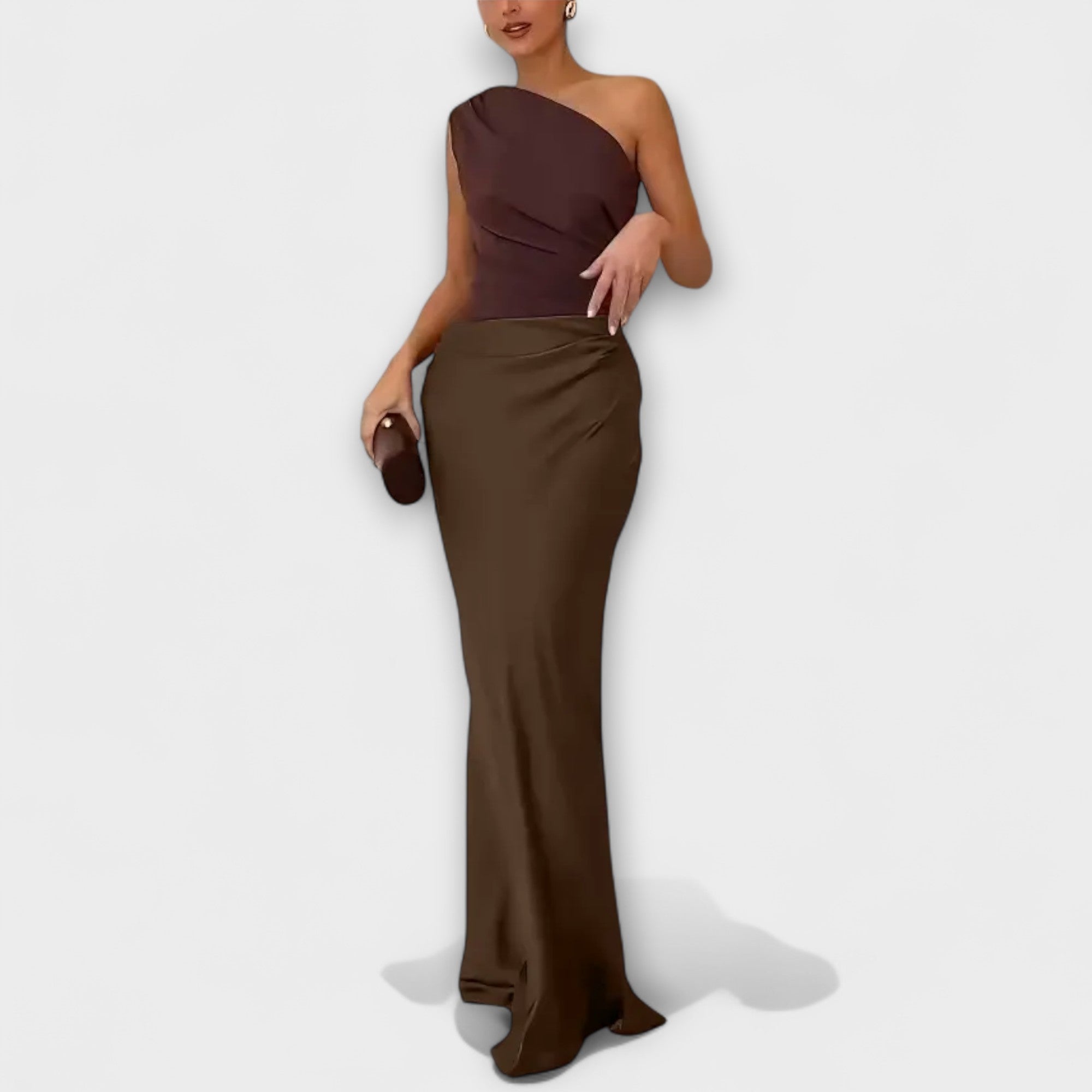 Elegantes Ein-Schulter Falten Maxi Kleid