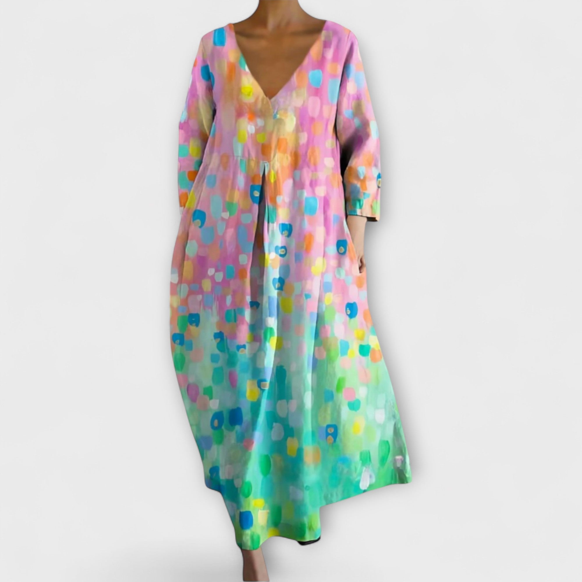 Aurora - Langes, farbenfrohes Kleid mit V-Ausschnitt