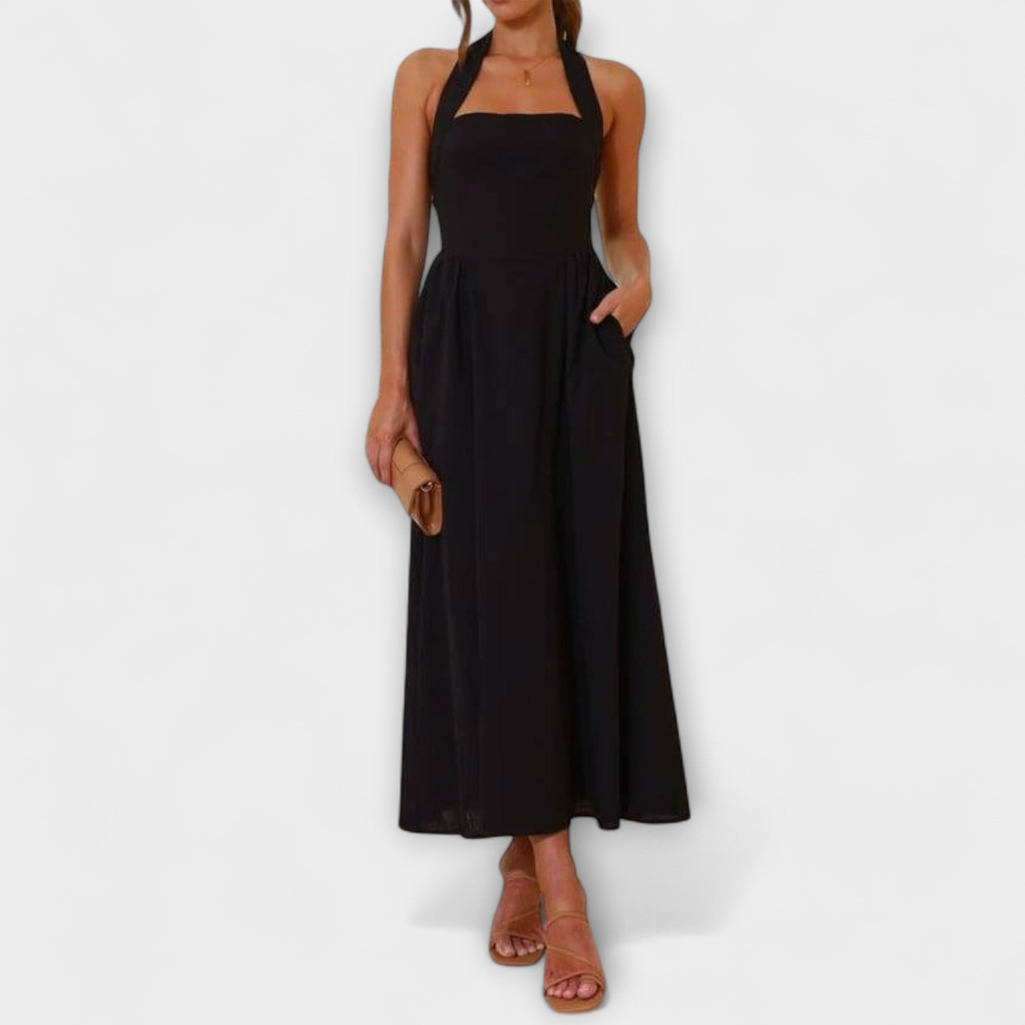 Aurora - Mid-Length Schwarzes Halterkleid mit Taillendetail