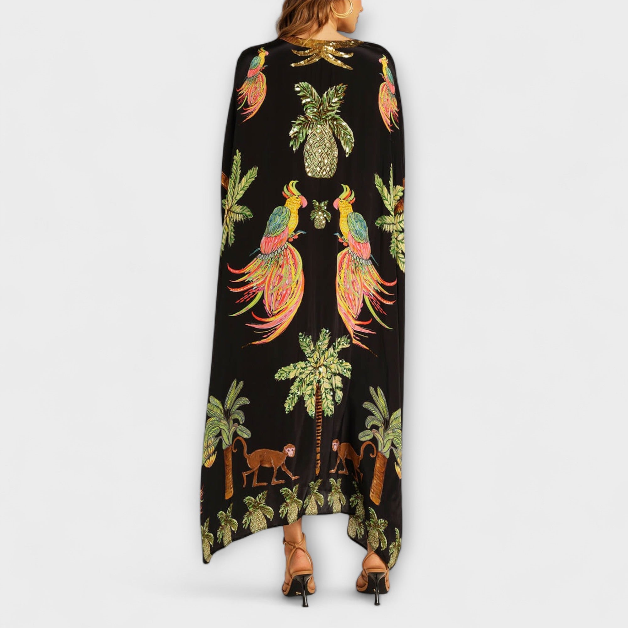Aurora - Auffälliges Kleid mit schrägen Schultern und Kokosbaum-Print