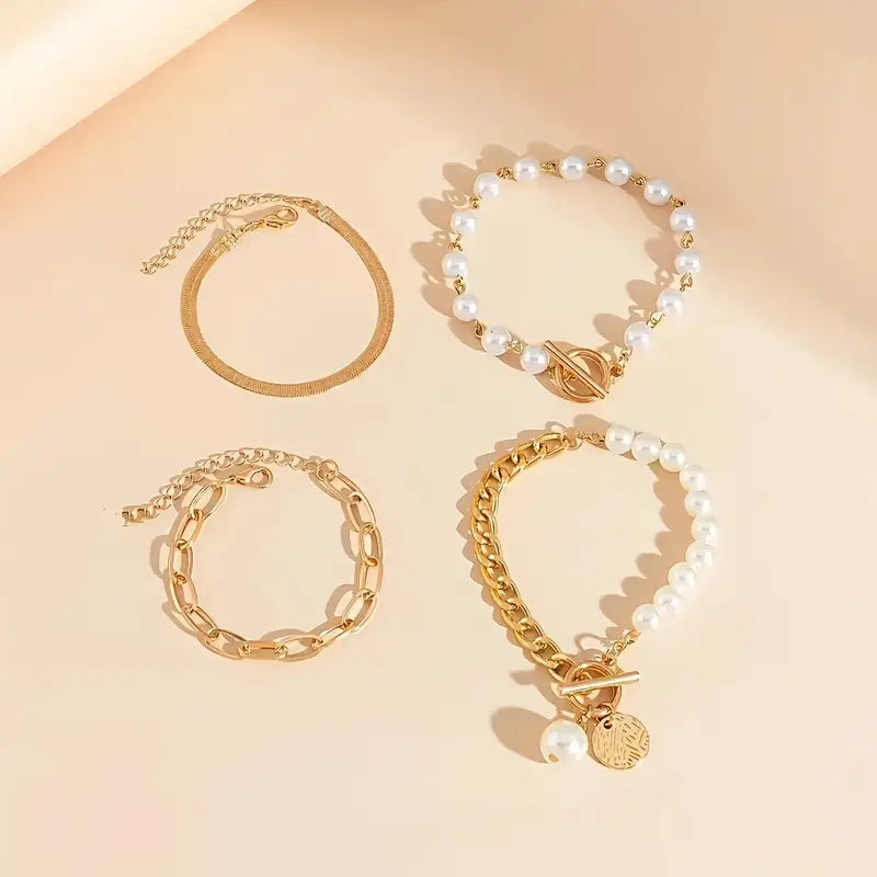 Set aus 4 Chic Gold Armbändern – Schlange, Perlen und Glieder | Gold