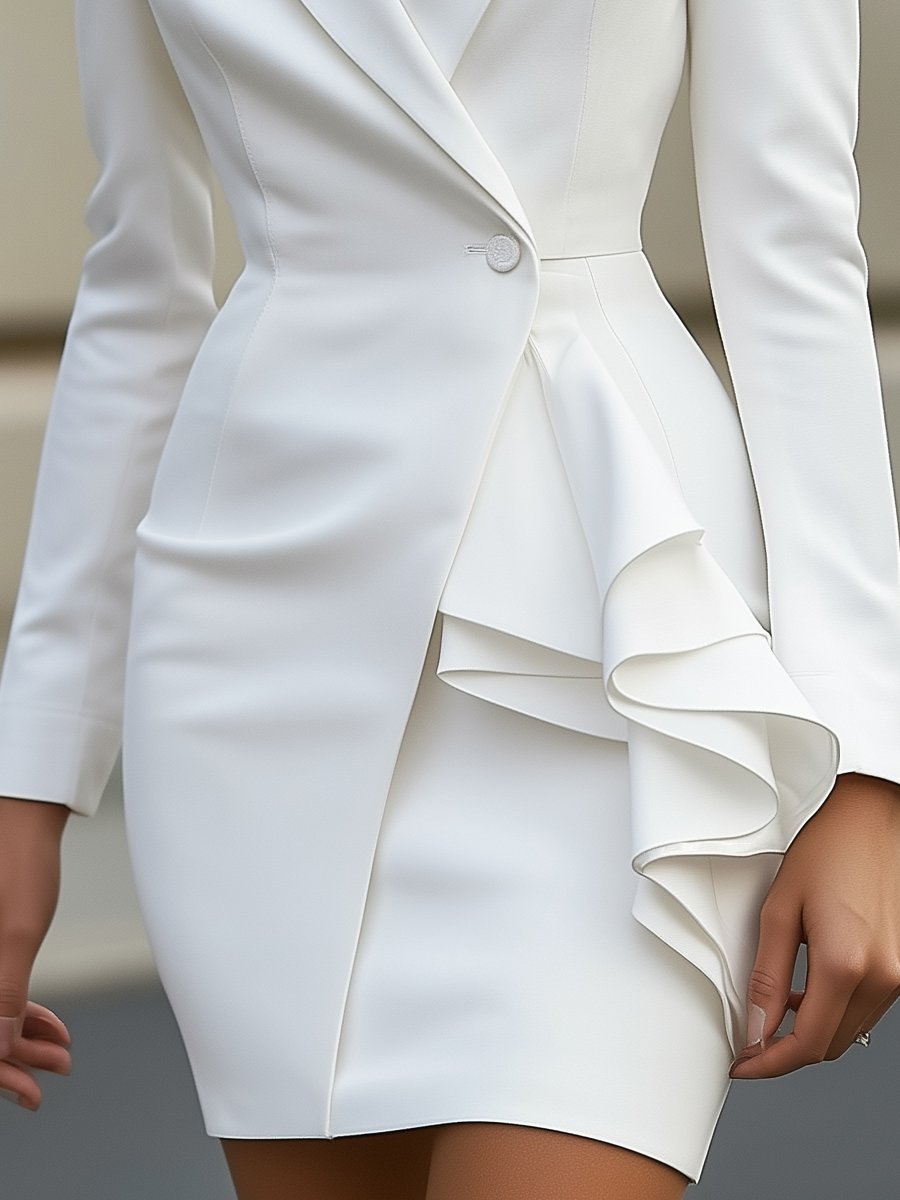 Elegantes weißes maßgeschneidertes Blazer-Kleid mit Rüschendetail