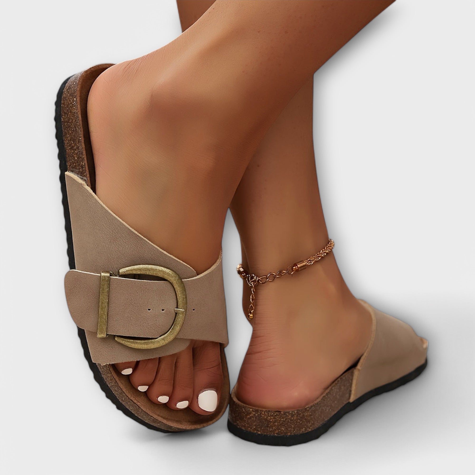 Aurora - Damen Kork Pantoletten mit Schnallenriemen Design
