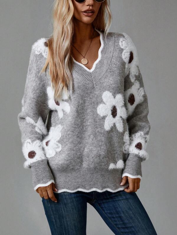 THEA | ELEGANTER V-AUSSCHNITT BLUMENPULLOVER