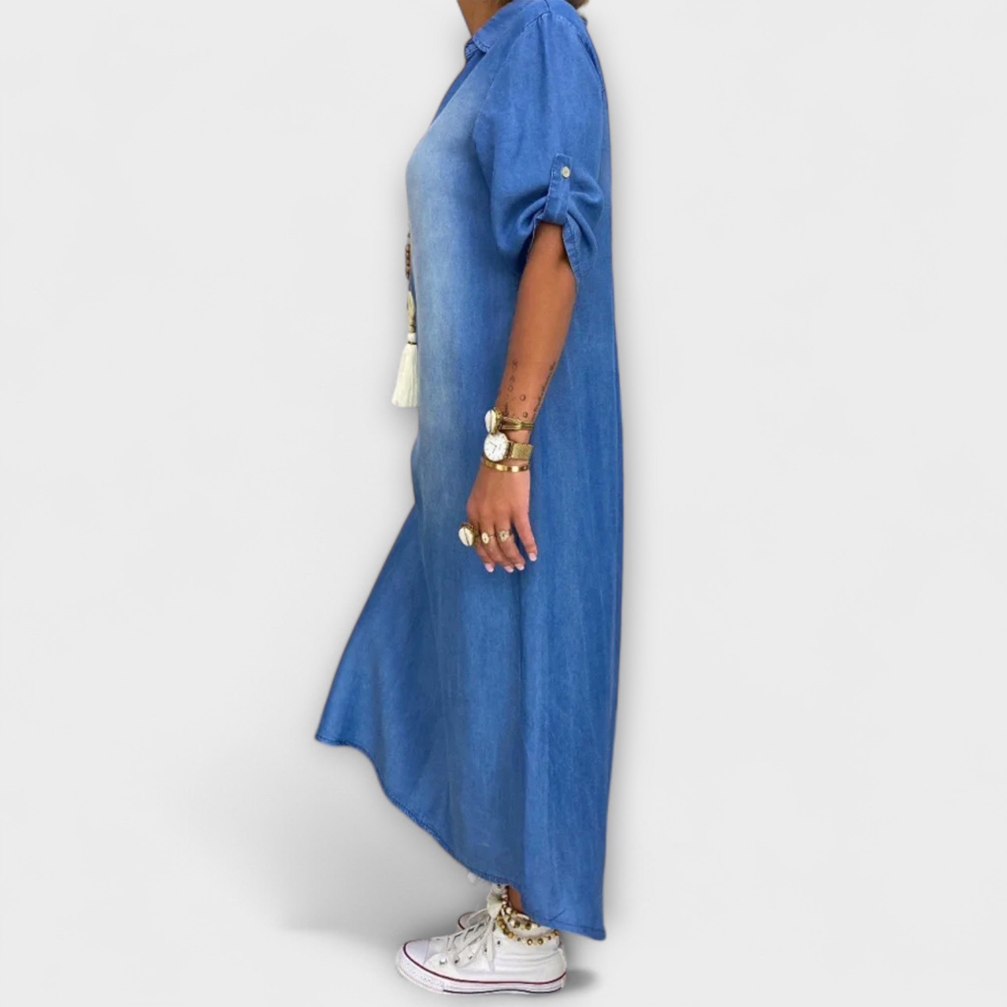 Aurora - Langes Denim-Look Kleid mit Seitenschlitz