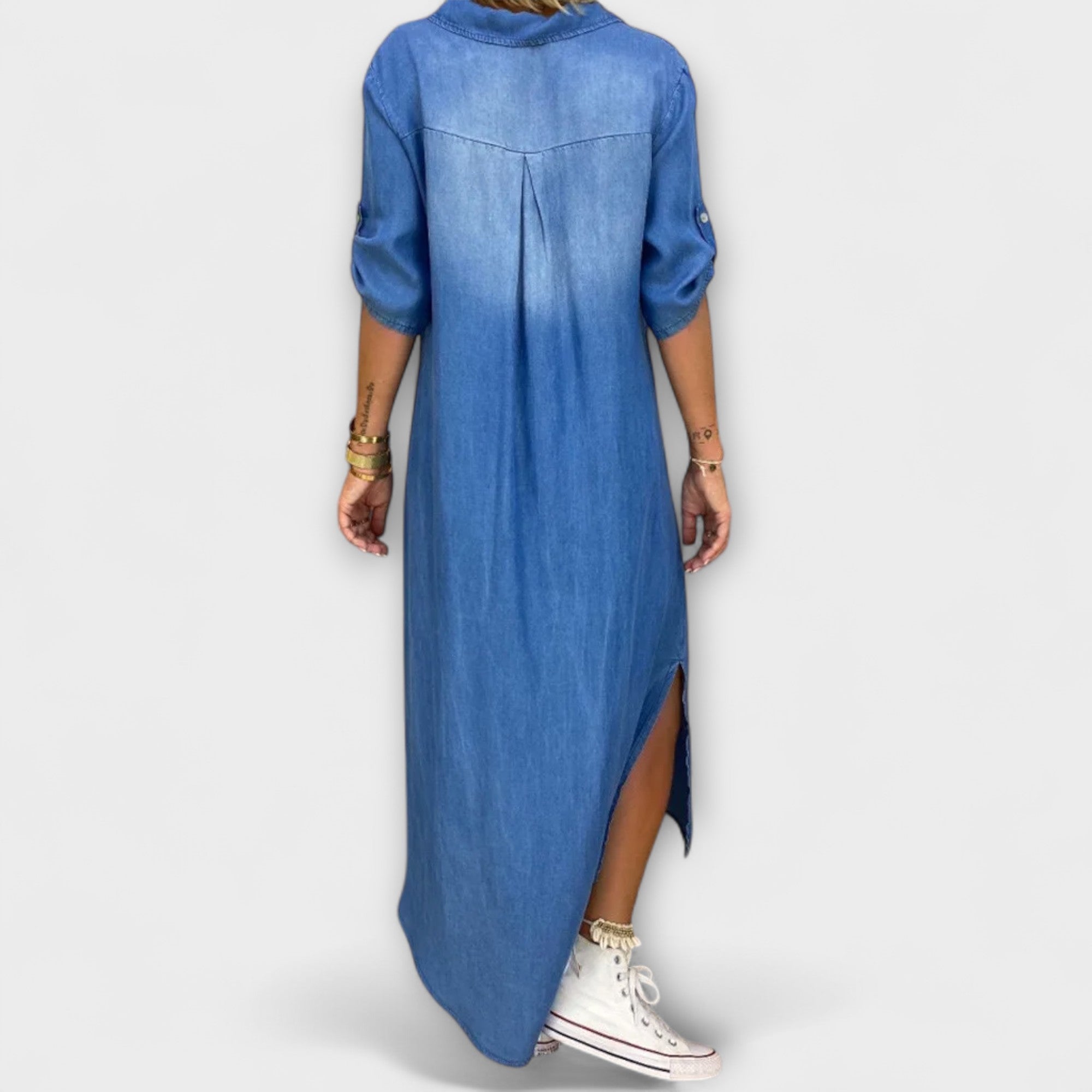 Aurora - Langes Denim-Look Kleid mit Seitenschlitz