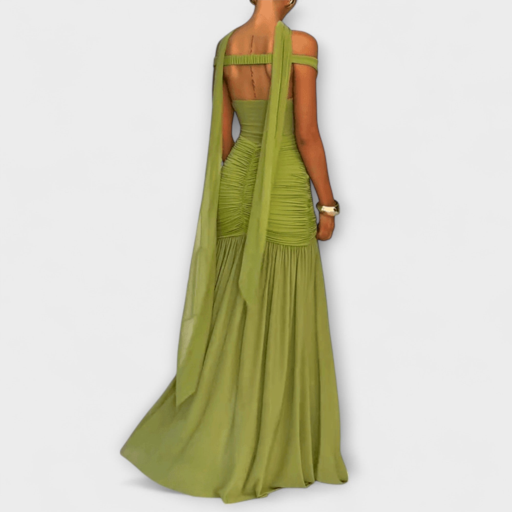 Nicoe - Olivfarbenes V-Ausschnitt Maxikleid