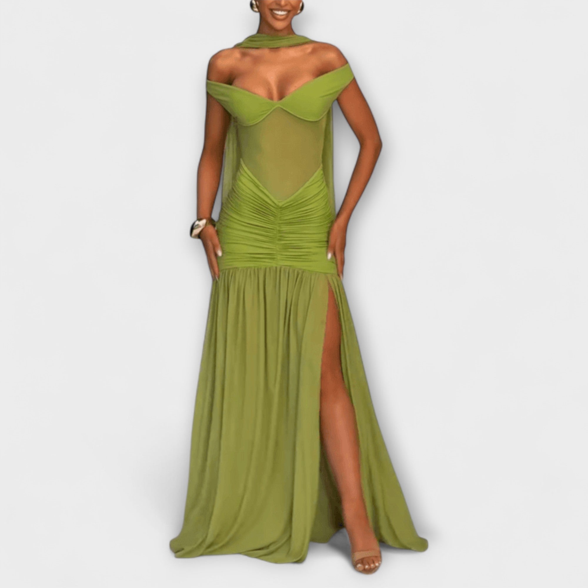 Nicoe - Olivfarbenes V-Ausschnitt Maxikleid