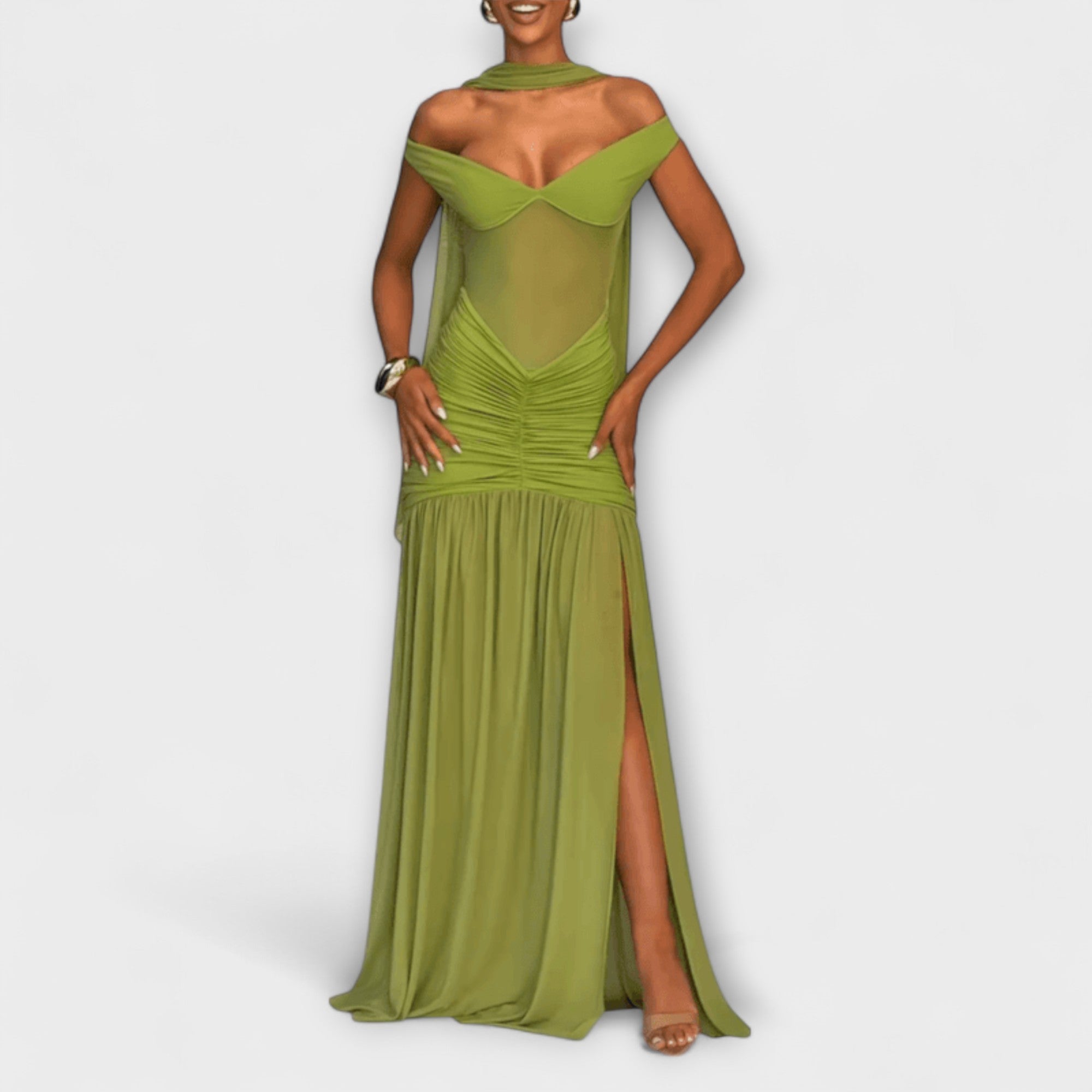 Nicoe - Olivfarbenes V-Ausschnitt Maxikleid