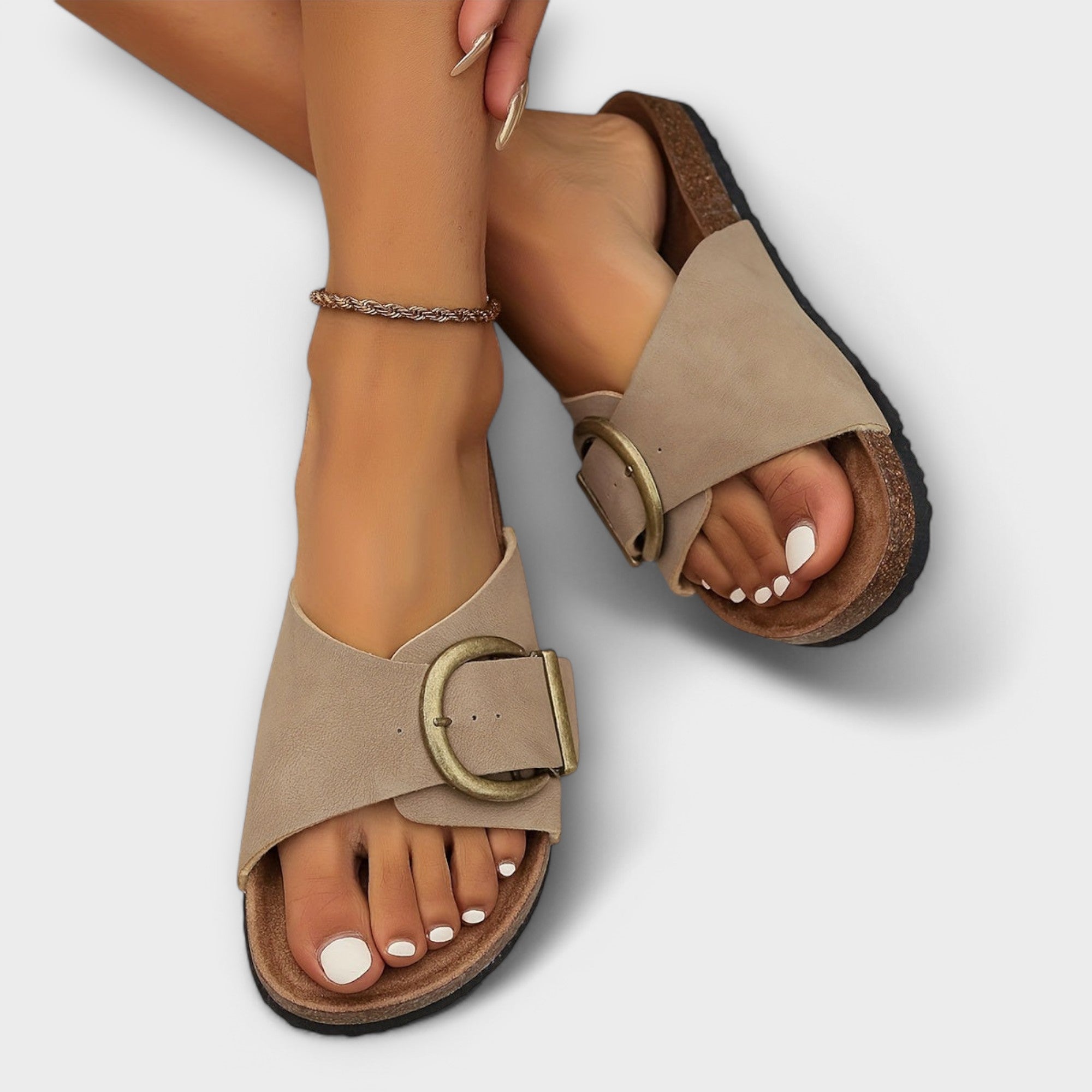 Aurora - Damen Kork Pantoletten mit Schnallenriemen Design