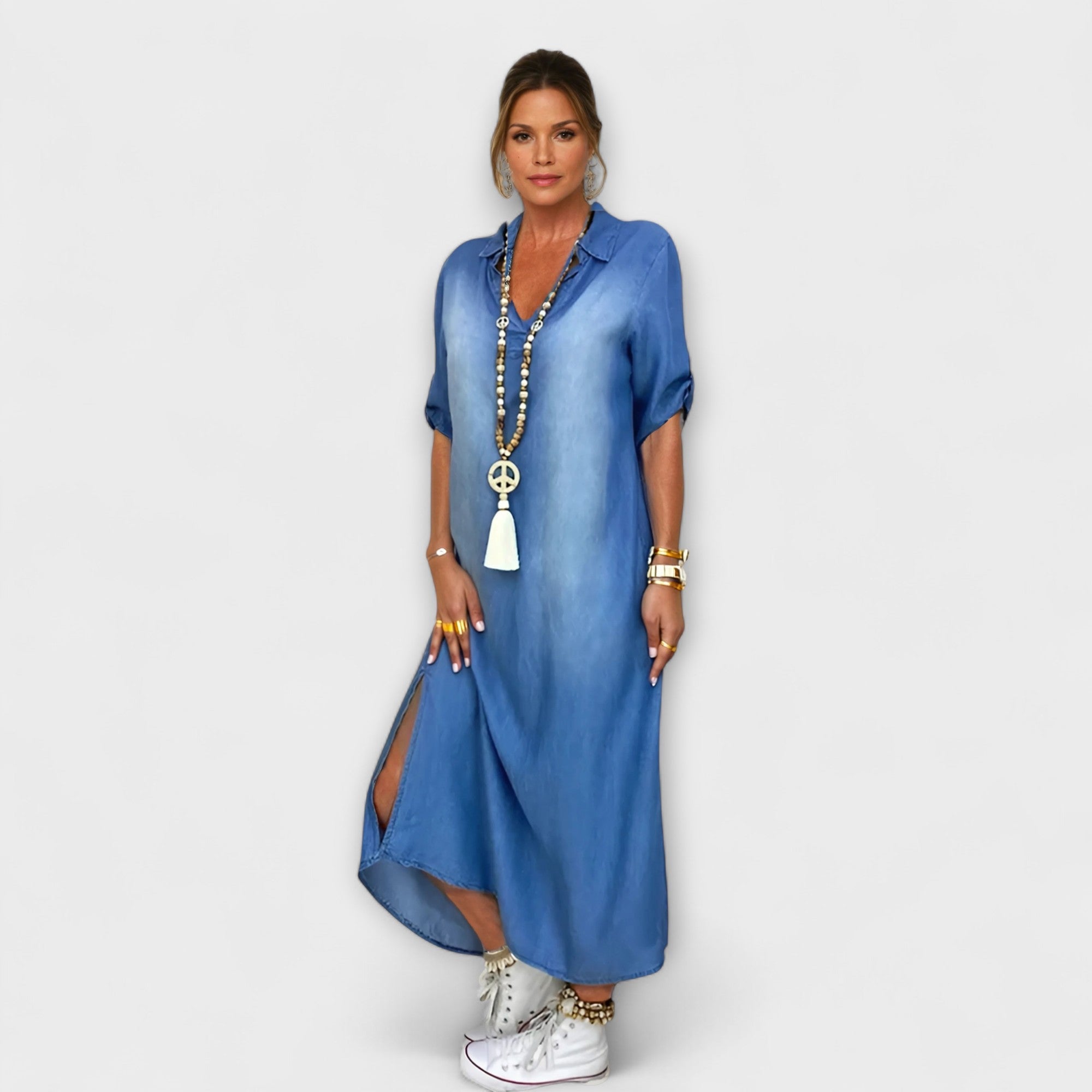 Aurora - Langes Denim-Look Kleid mit Seitenschlitz