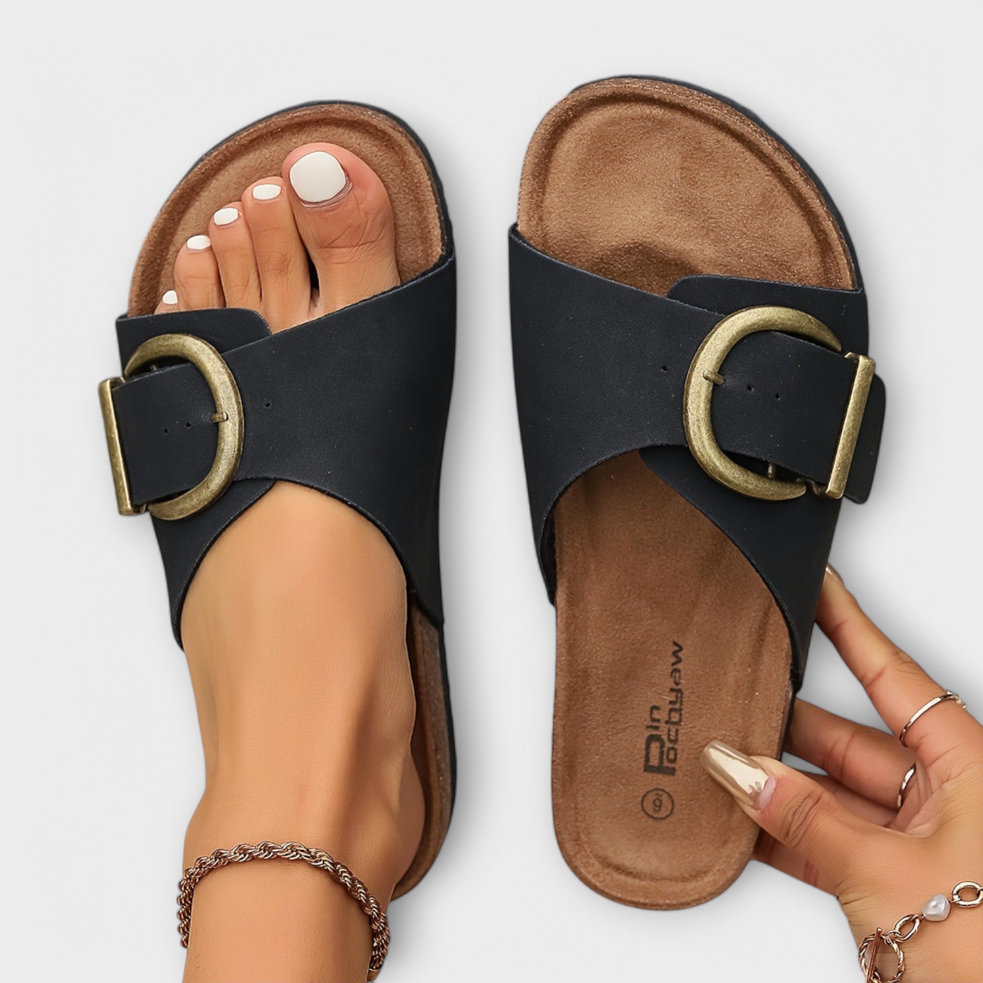 Aurora - Damen Kork Pantoletten mit Schnallenriemen Design