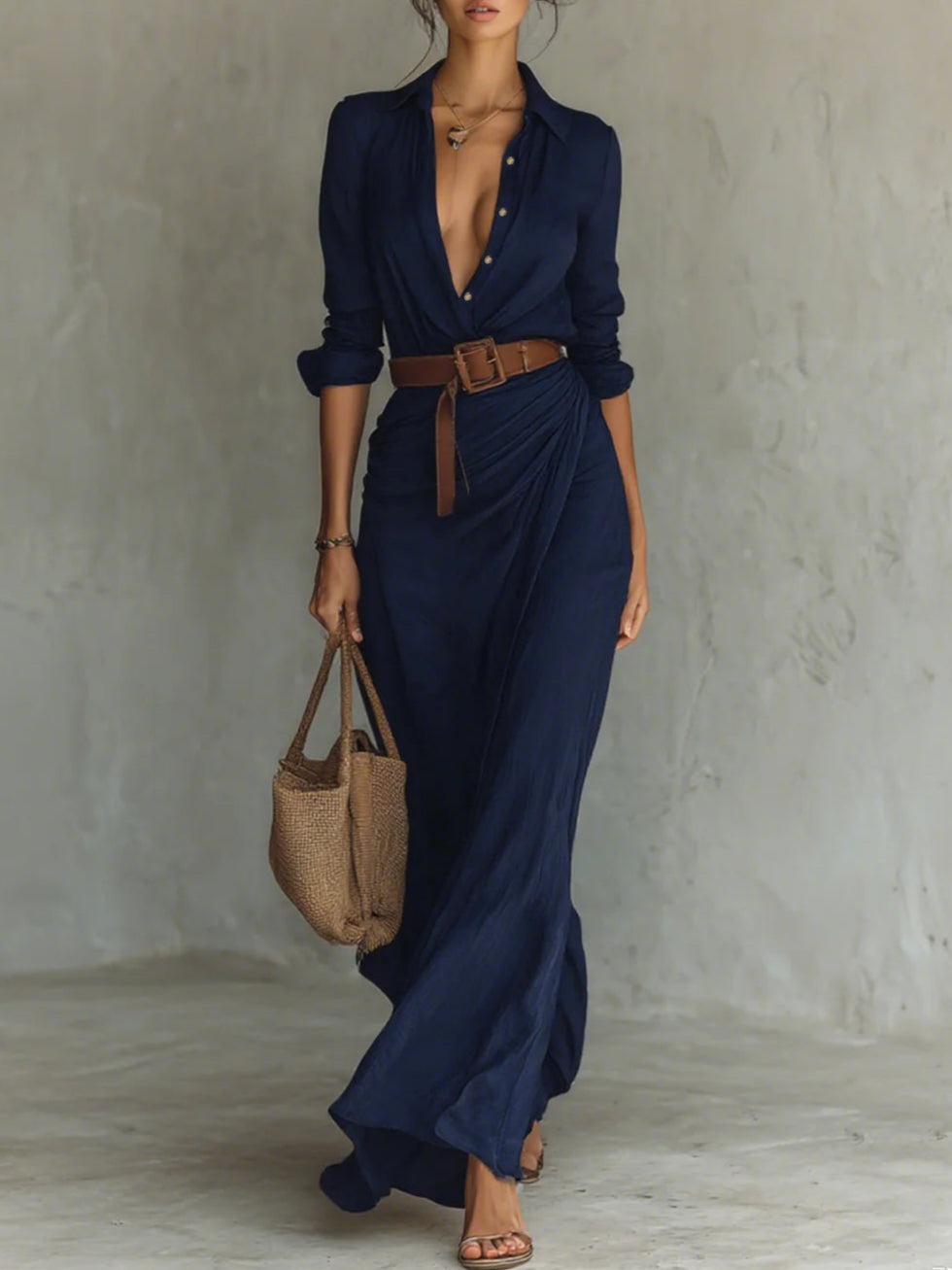 Langärmliges, tailliertes Maxikleid mit Revers