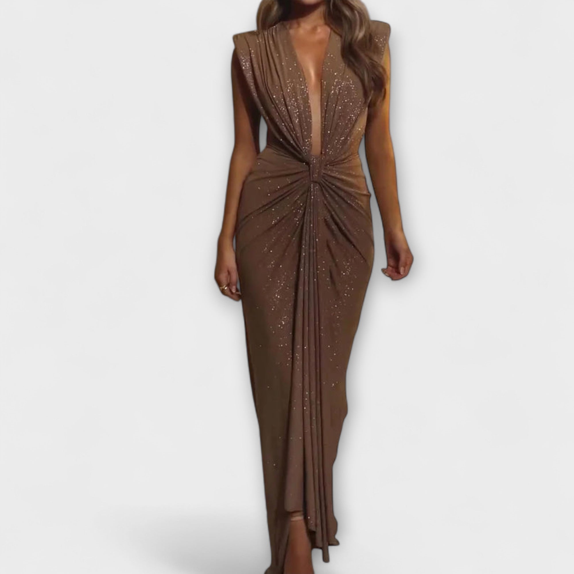 The product title remains unchanged: "Thea - Maxikleid mit tiefem V-Ausschnitt".