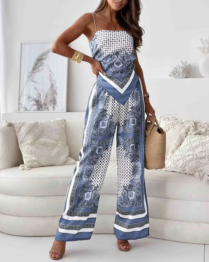 Alya | Elegantes zwei-teiliges Set mit Gilet und bedruckten Hosen mit Schnürung