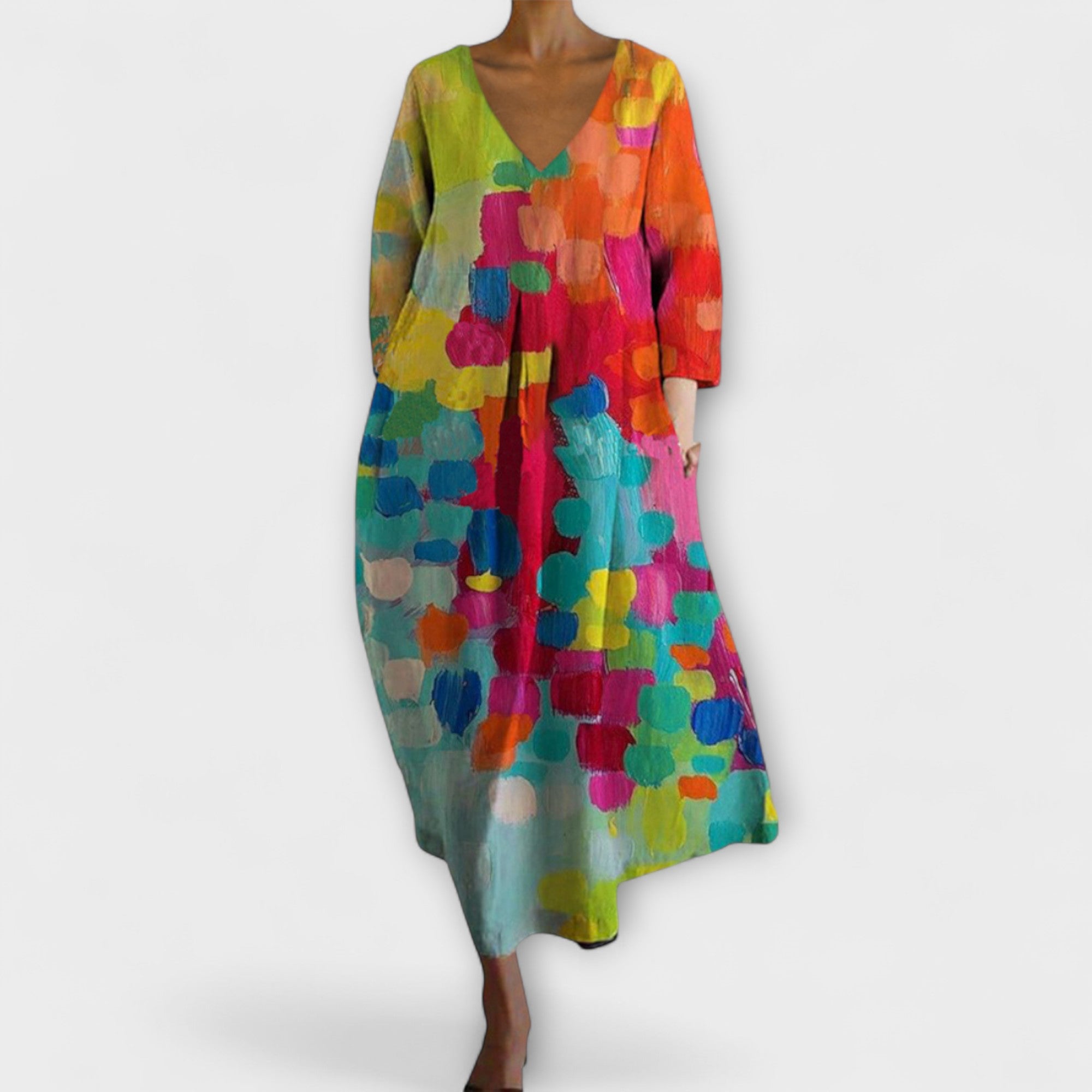 Aurora - Langes, farbenfrohes Kleid mit V-Ausschnitt