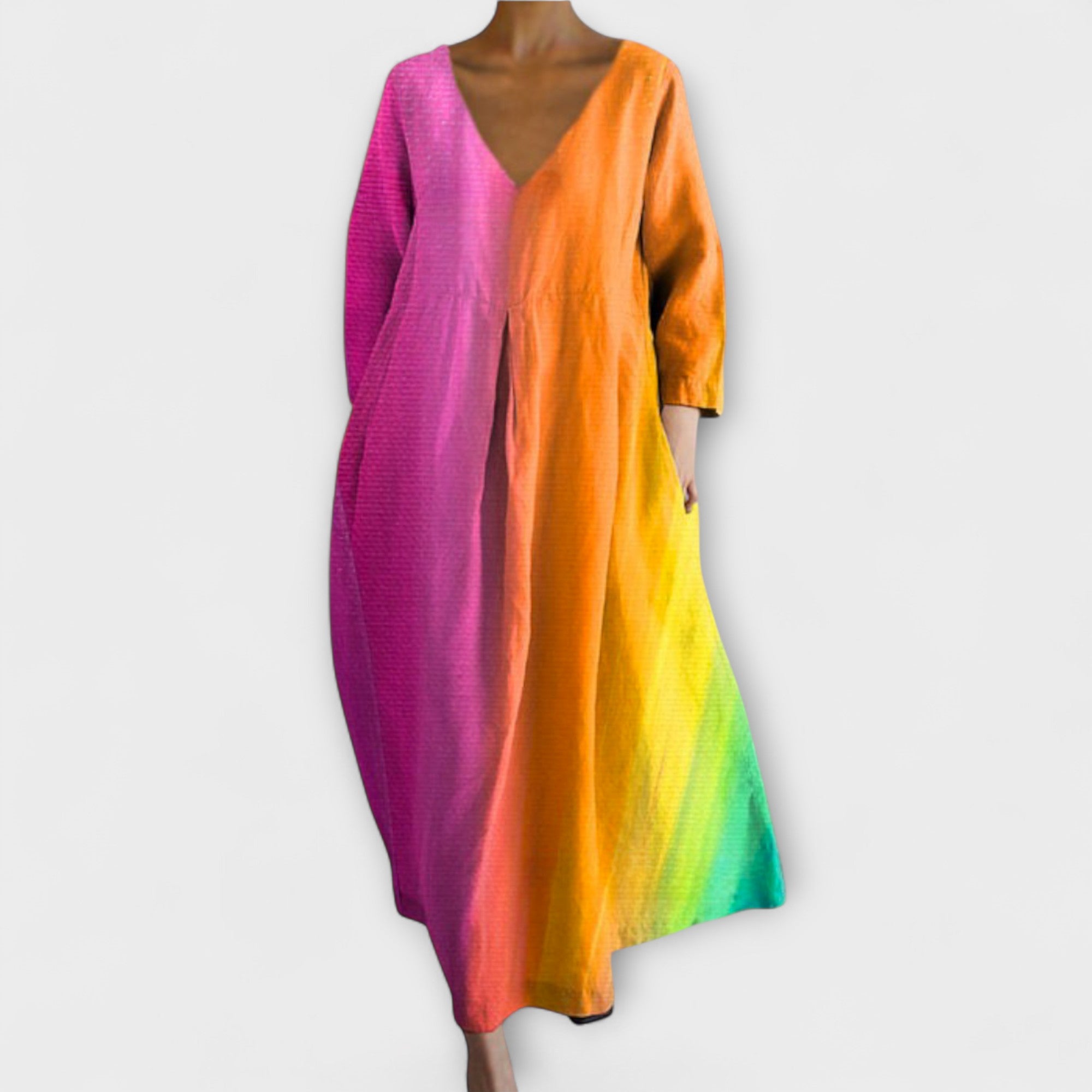 Aurora - Langes, farbenfrohes Kleid mit V-Ausschnitt