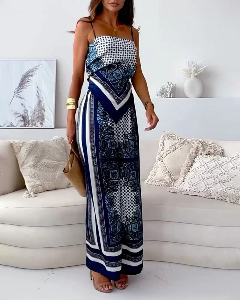 Alya | Elegantes zwei-teiliges Set mit Gilet und bedruckten Hosen mit Schnürung