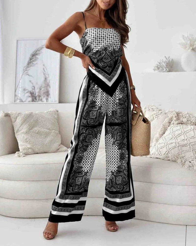 Alya | Elegantes zwei-teiliges Set mit Gilet und bedruckten Hosen mit Schnürung