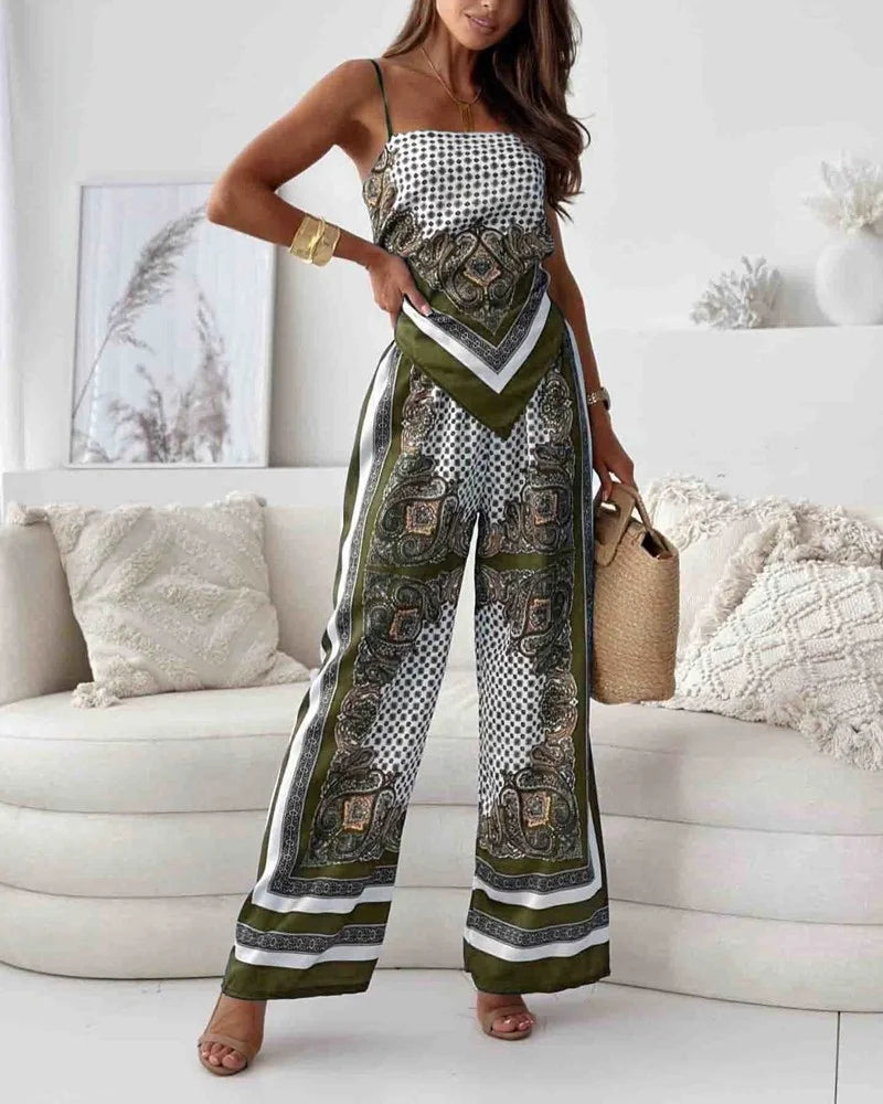Alya | Elegantes zwei-teiliges Set mit Gilet und bedruckten Hosen mit Schnürung
