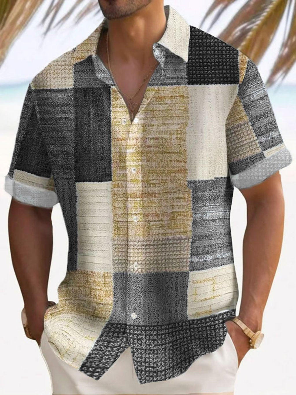 Luftiges Patchwork Herren Kurzarmhemd