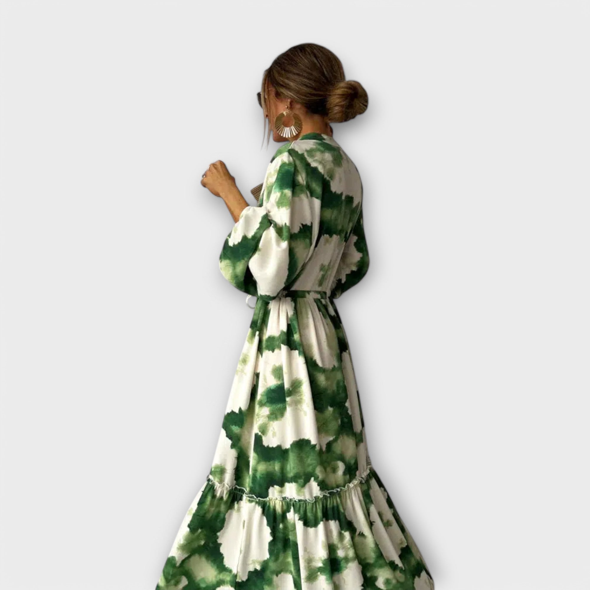 Aurora - Grünes Maxi-Kleid mit langen Ärmeln und V-Ausschnitt