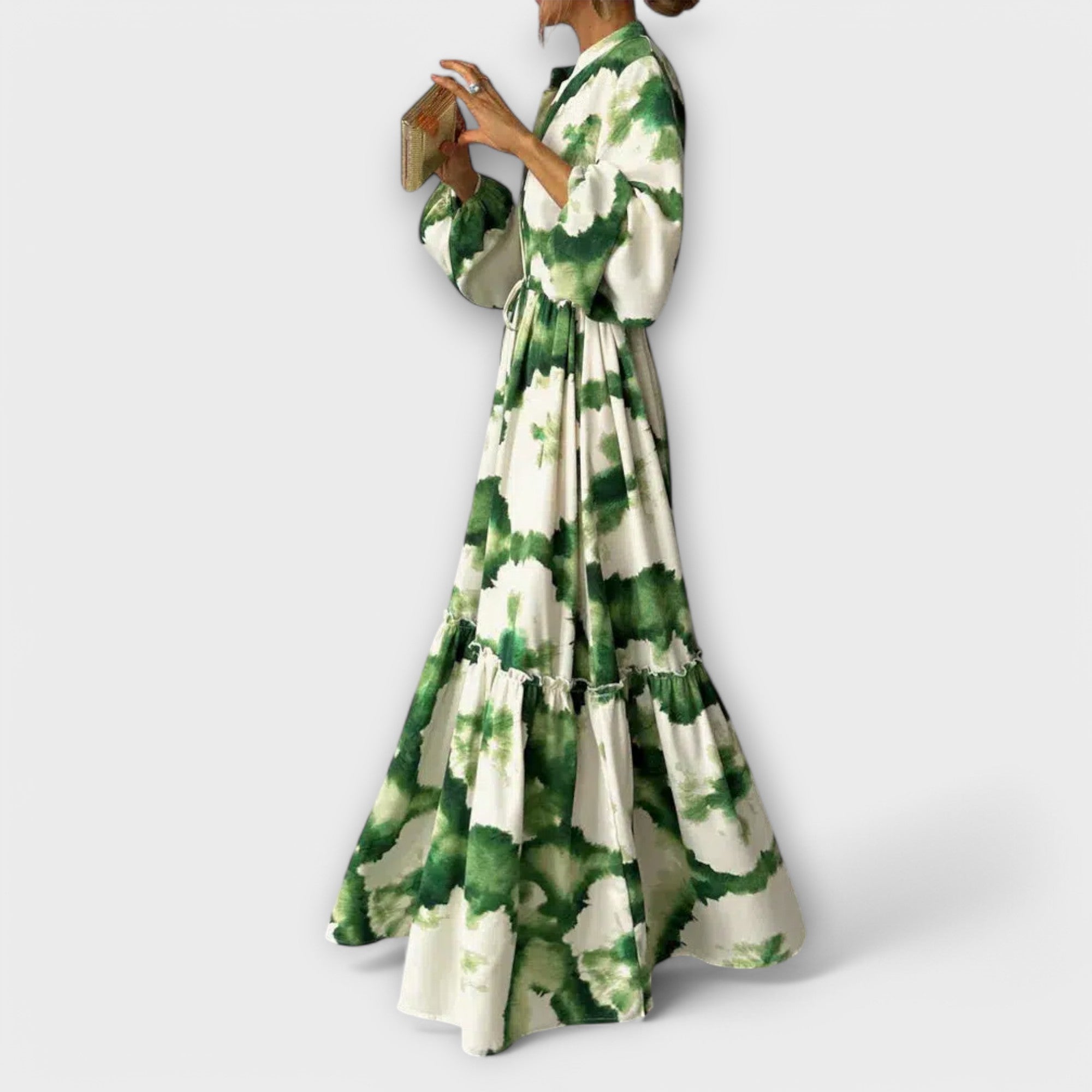 Aurora - Grünes Maxi-Kleid mit langen Ärmeln und V-Ausschnitt