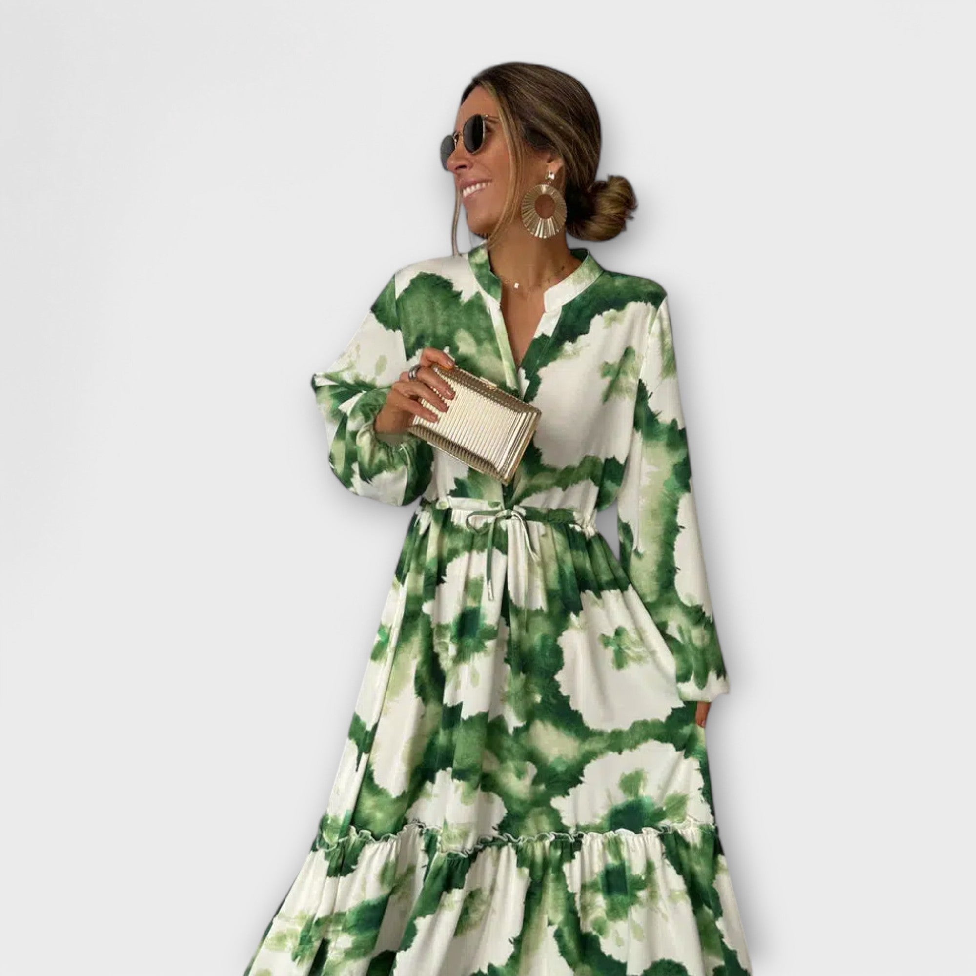 Aurora - Grünes Maxi-Kleid mit langen Ärmeln und V-Ausschnitt