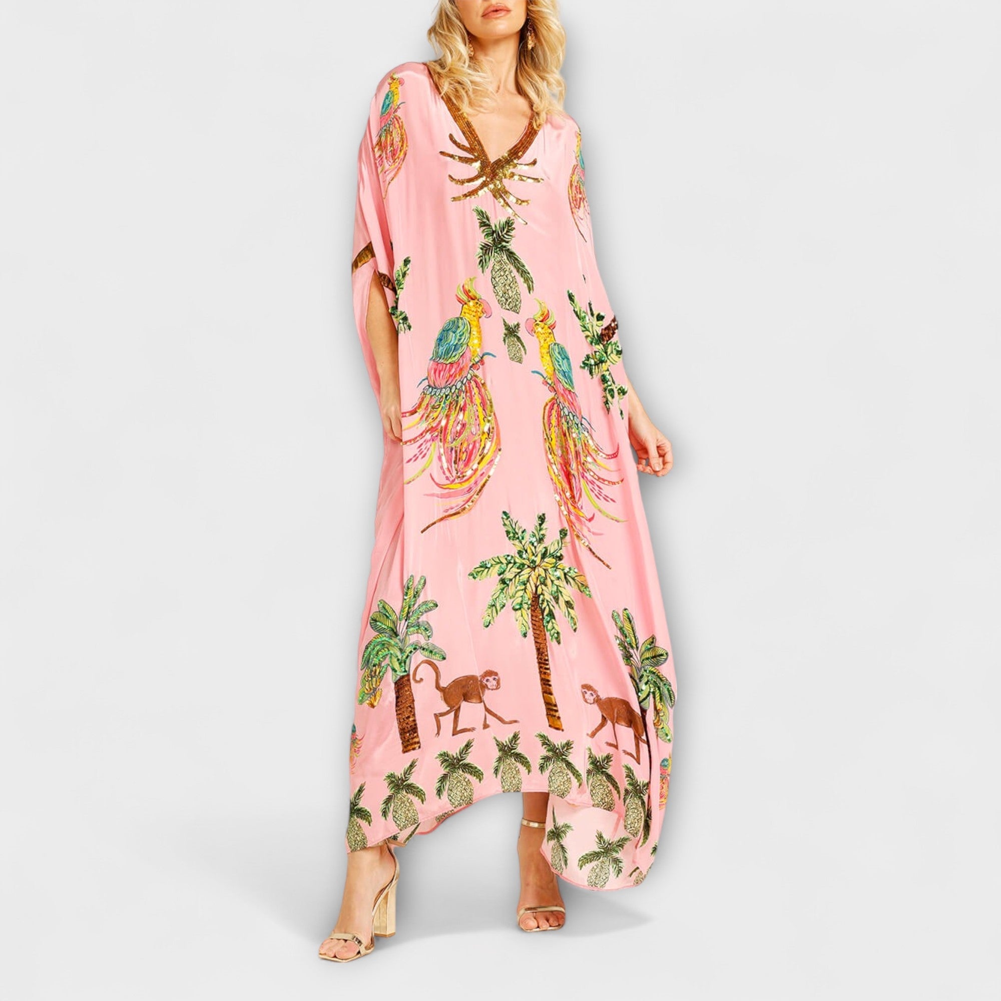 Aurora - Auffälliges Kleid mit schrägen Schultern und Kokosbaum-Print
