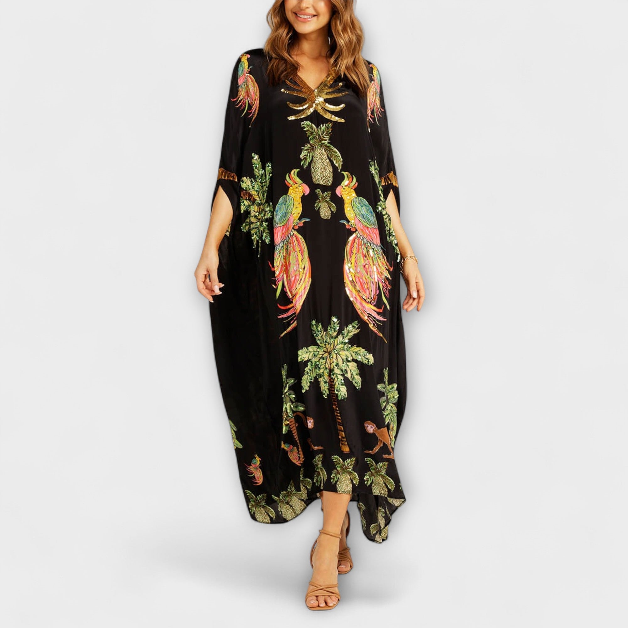 Aurora - Auffälliges Kleid mit schrägen Schultern und Kokosbaum-Print