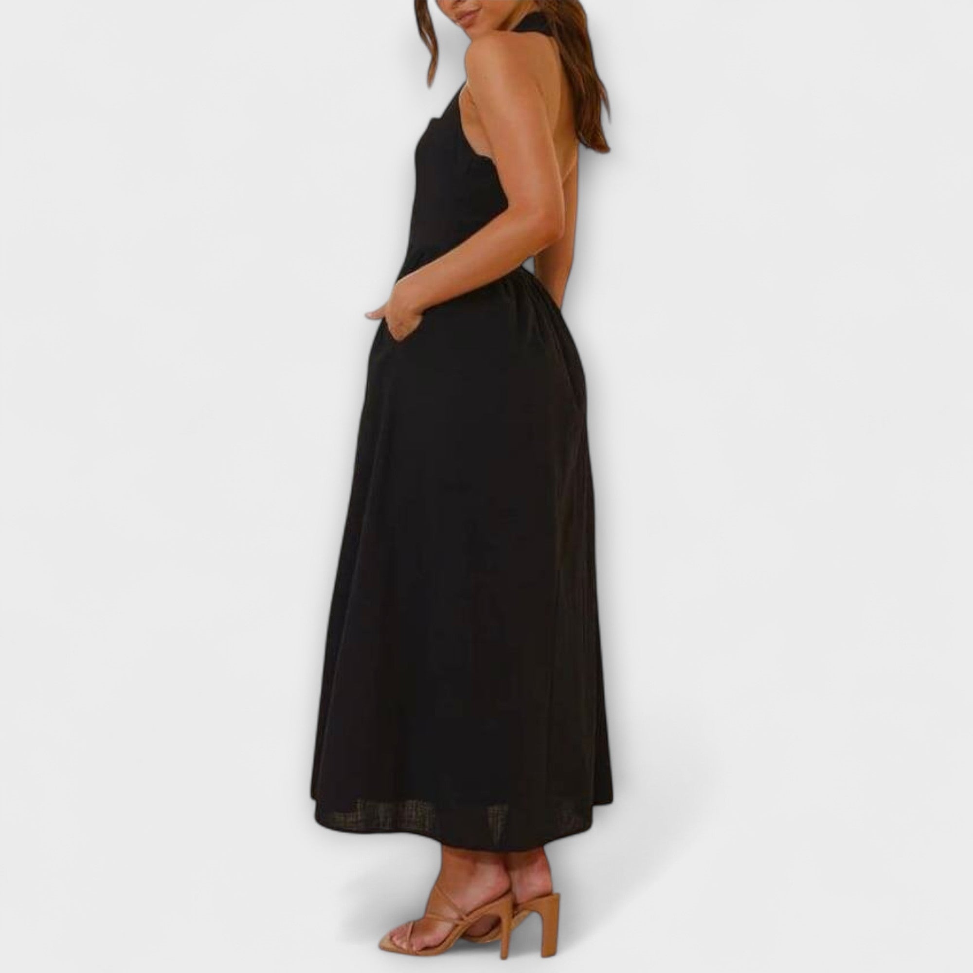 Aurora - Mid-Length Schwarzes Halterkleid mit Taillendetail