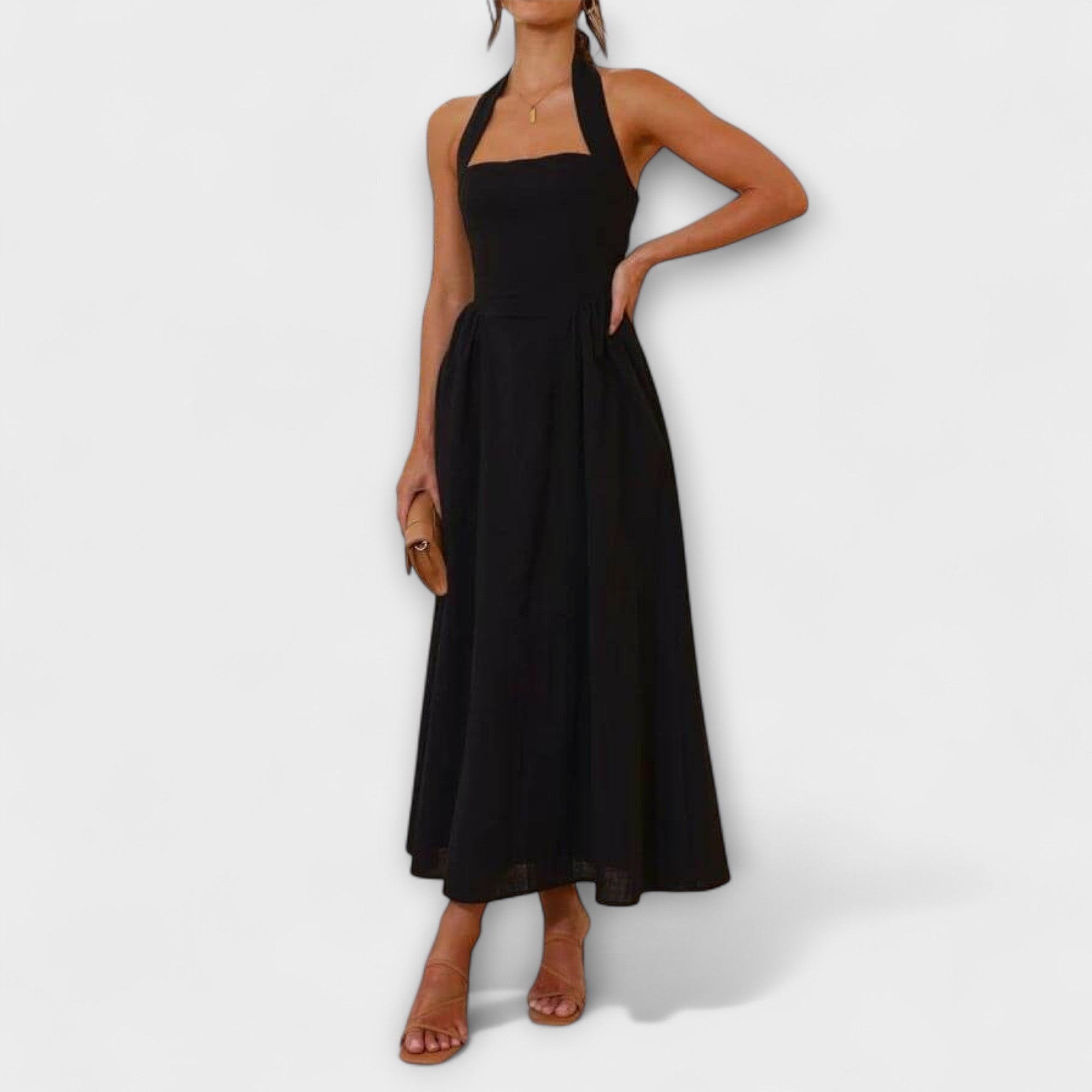 Aurora - Mid-Length Schwarzes Halterkleid mit Taillendetail