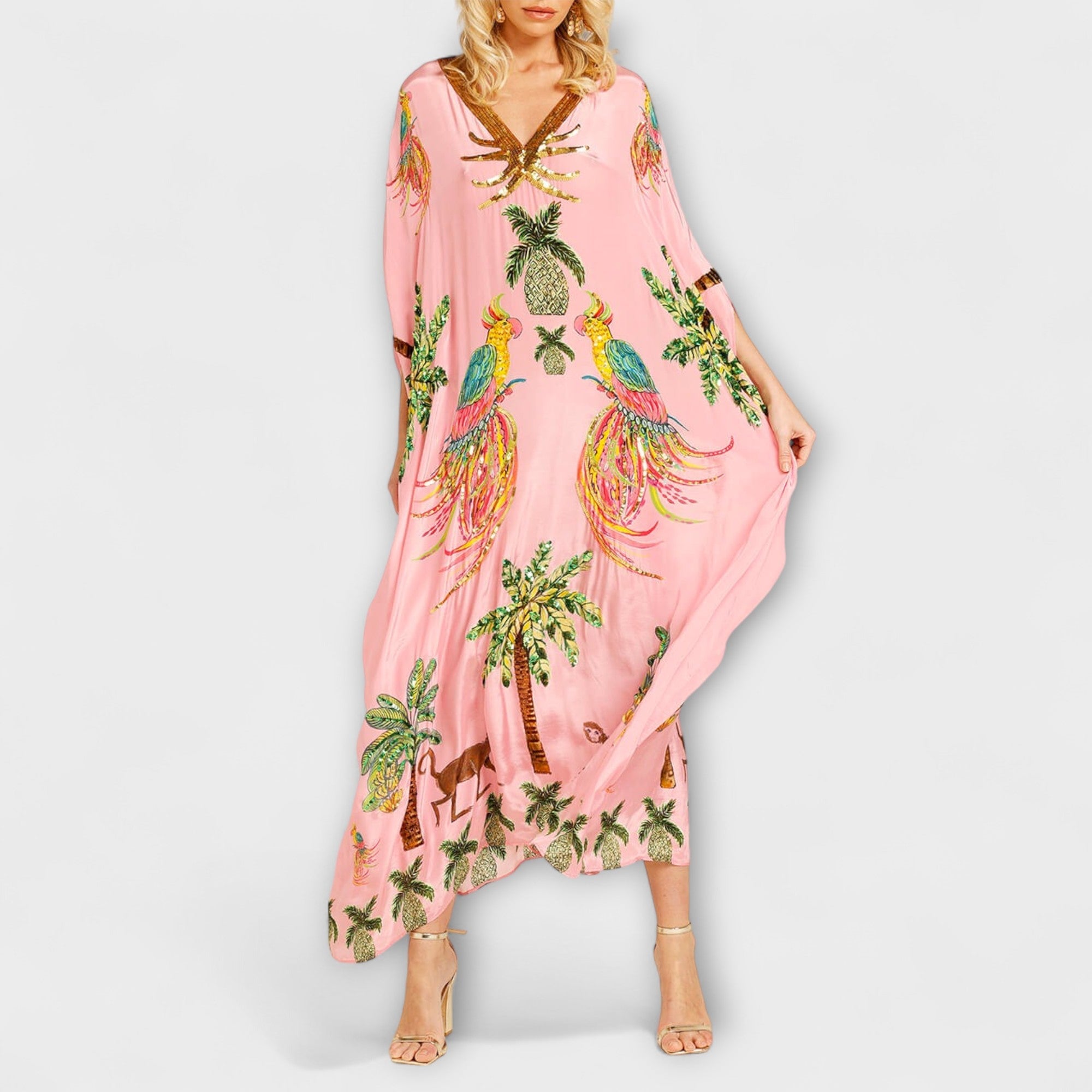 Aurora - Auffälliges Kleid mit schrägen Schultern und Kokosbaum-Print
