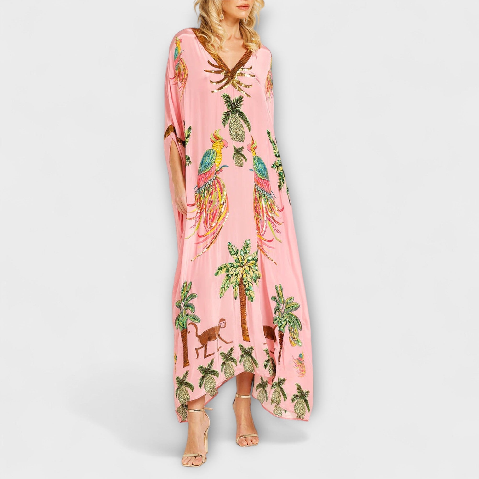 Aurora - Auffälliges Kleid mit schrägen Schultern und Kokosbaum-Print
