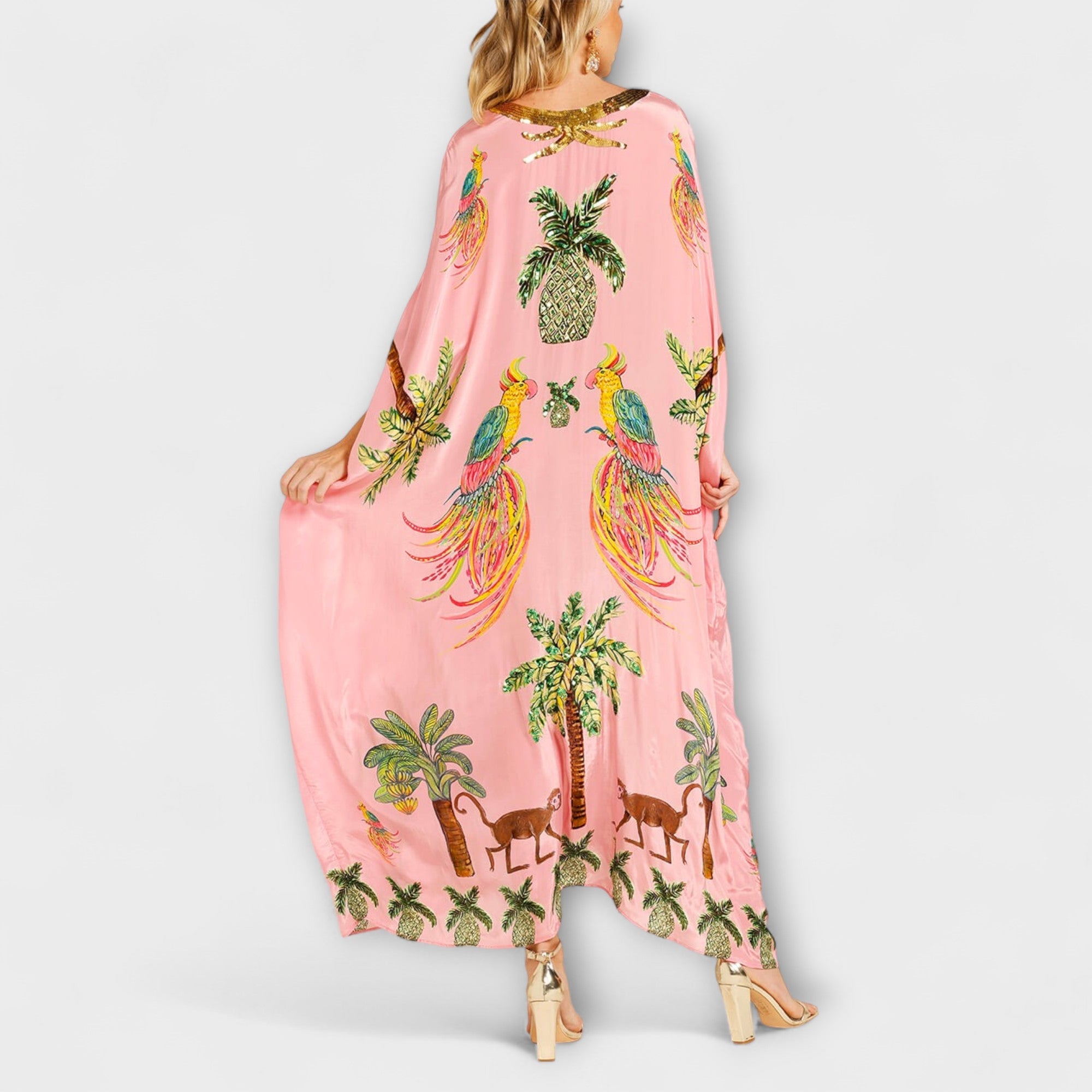 Aurora - Auffälliges Kleid mit schrägen Schultern und Kokosbaum-Print