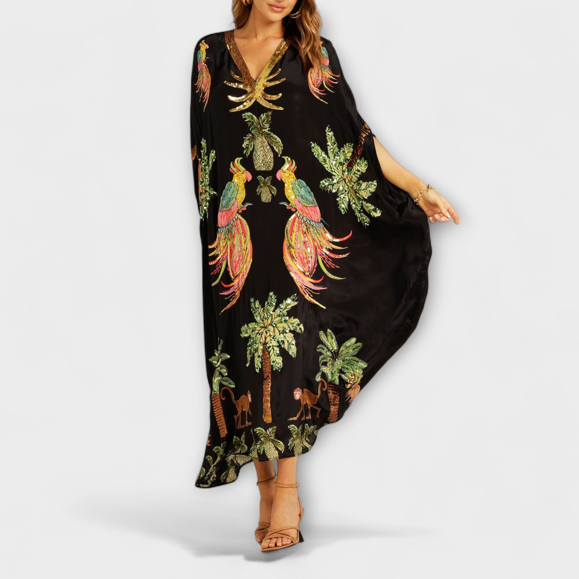 Aurora - Auffälliges Kleid mit schrägen Schultern und Kokosbaum-Print