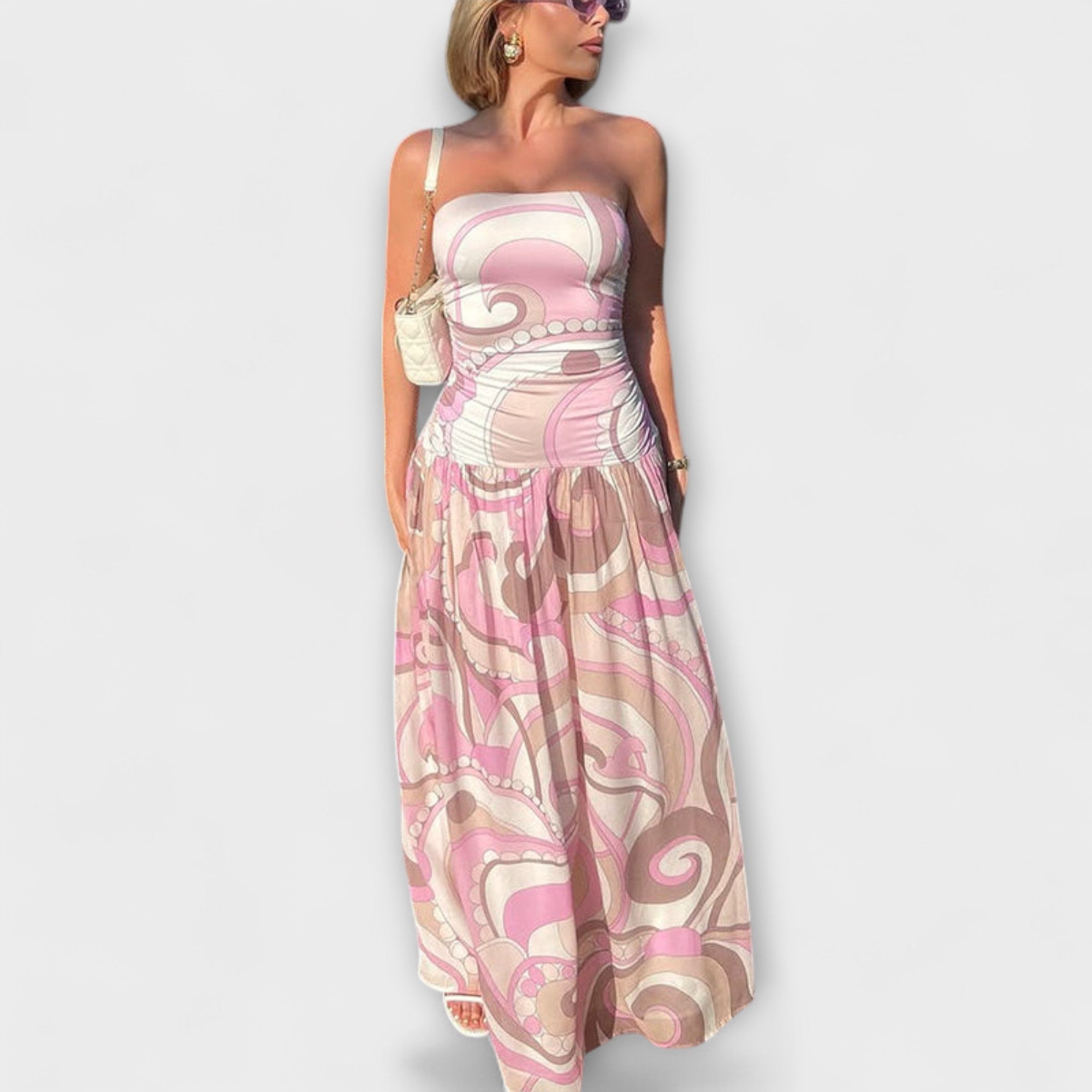Aurora - Atemberaubendes pastellfarbenes schulterfreies Maxikleid