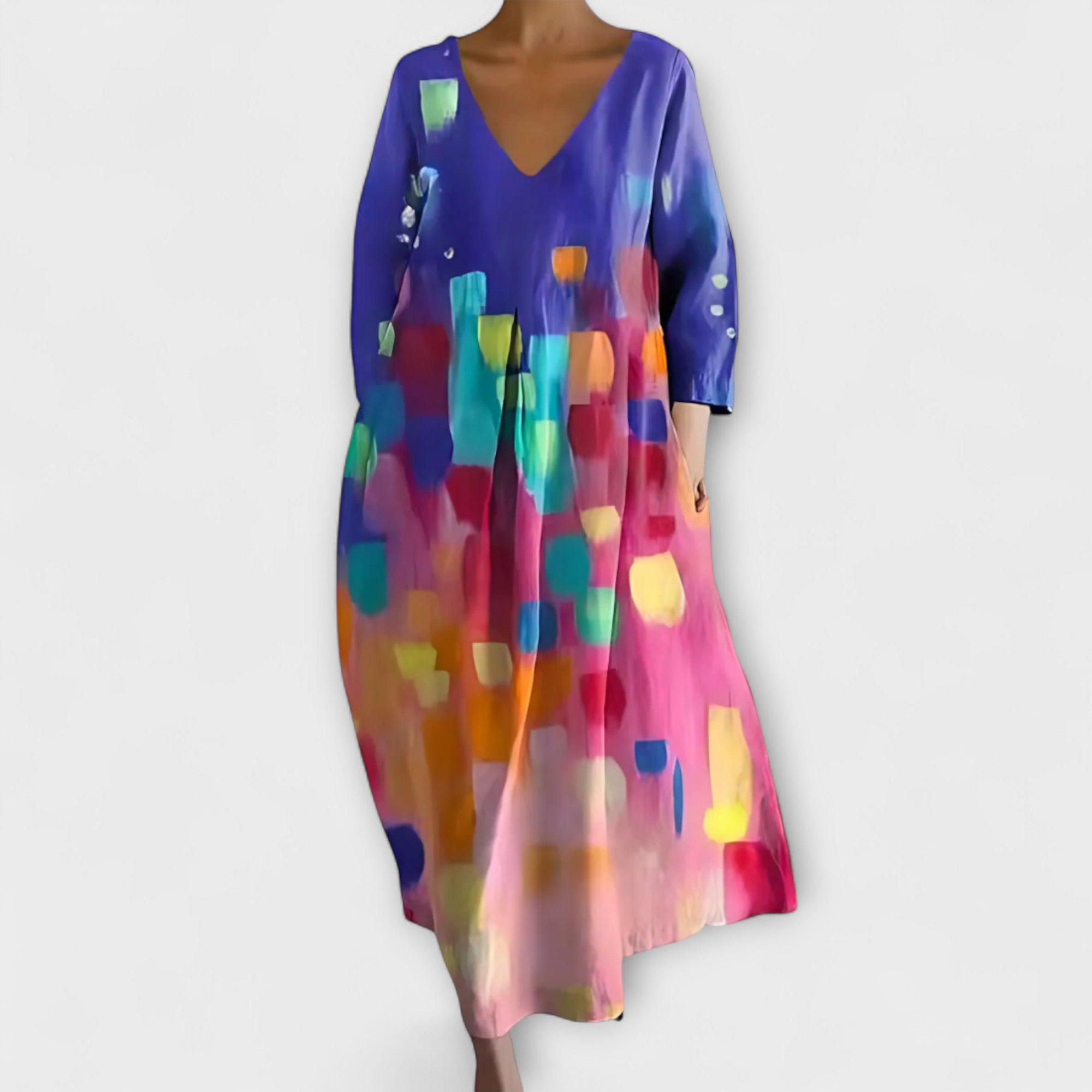 Aurora - Langes, farbenfrohes Kleid mit V-Ausschnitt