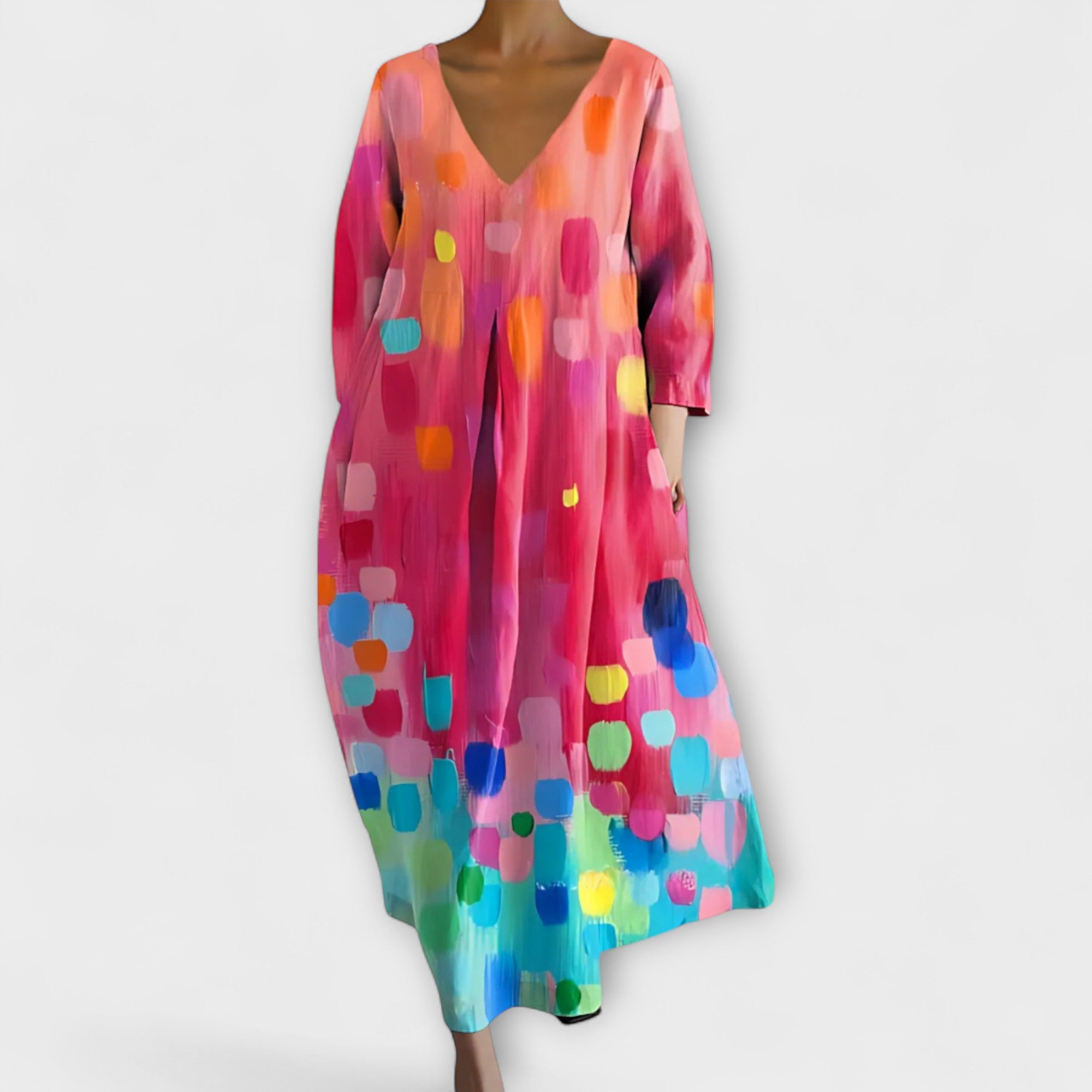 Aurora - Langes, farbenfrohes Kleid mit V-Ausschnitt